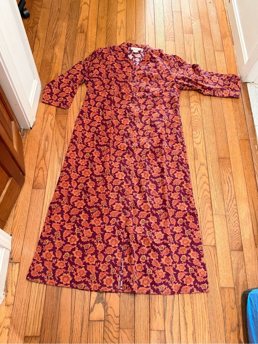 April Cornell Floral V-Neck corduroy Maxi Dress in Burgundy and Orange.